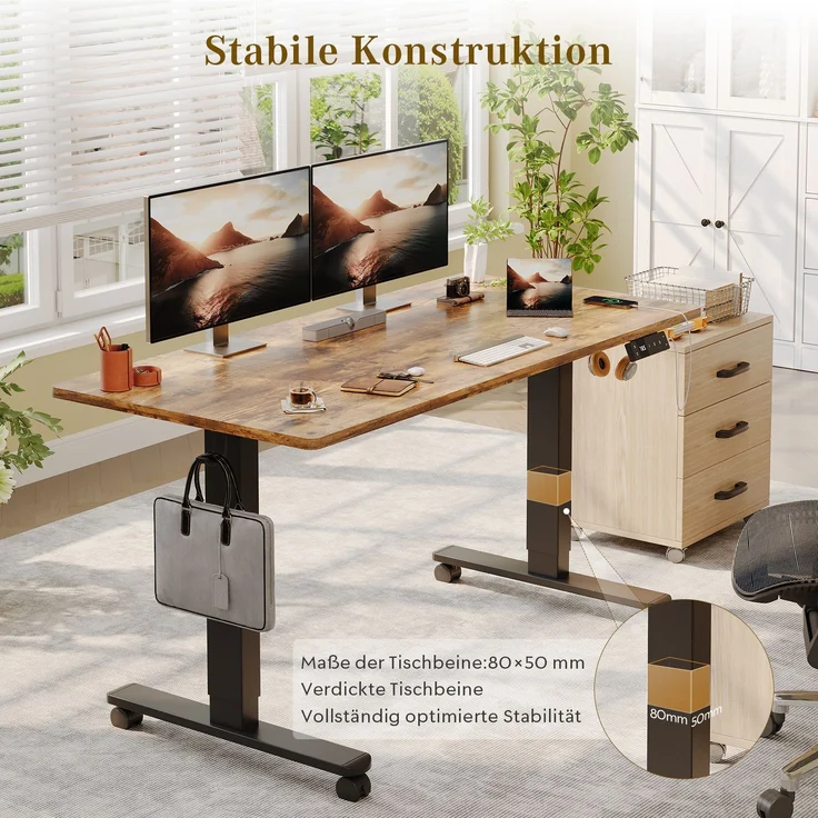 Devoko Höhenverstellbarer Schreibtisch Holzwerkstoff und Metall Braun 140 x 80 x 72-118 cm – Bild 7