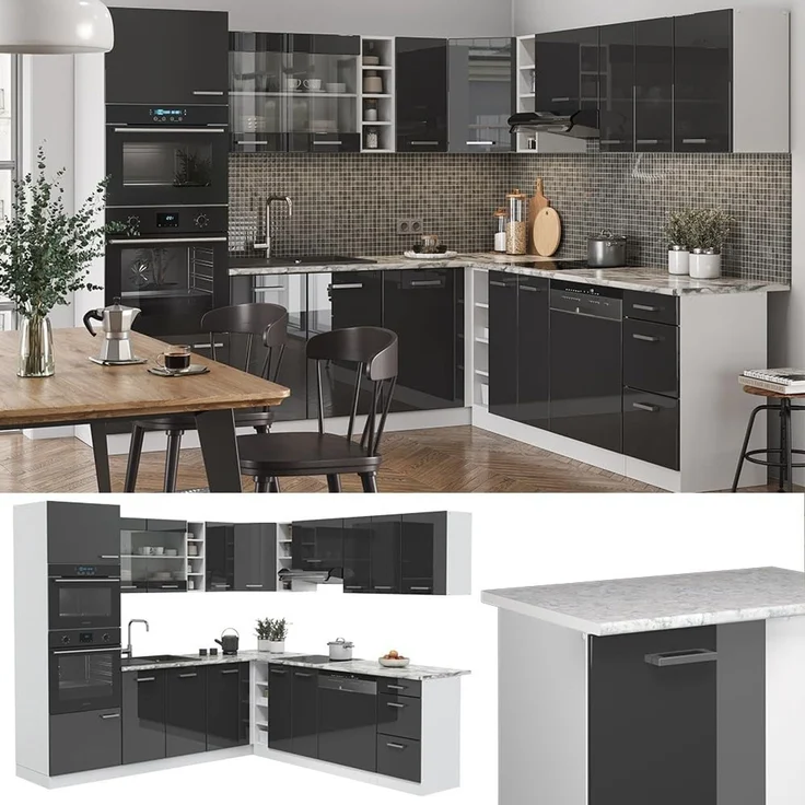 Eckküche R-Line Anthrazit Hochglanz/Weiß 247 x 237 cm, AP Marmor Vicco – Bild 5