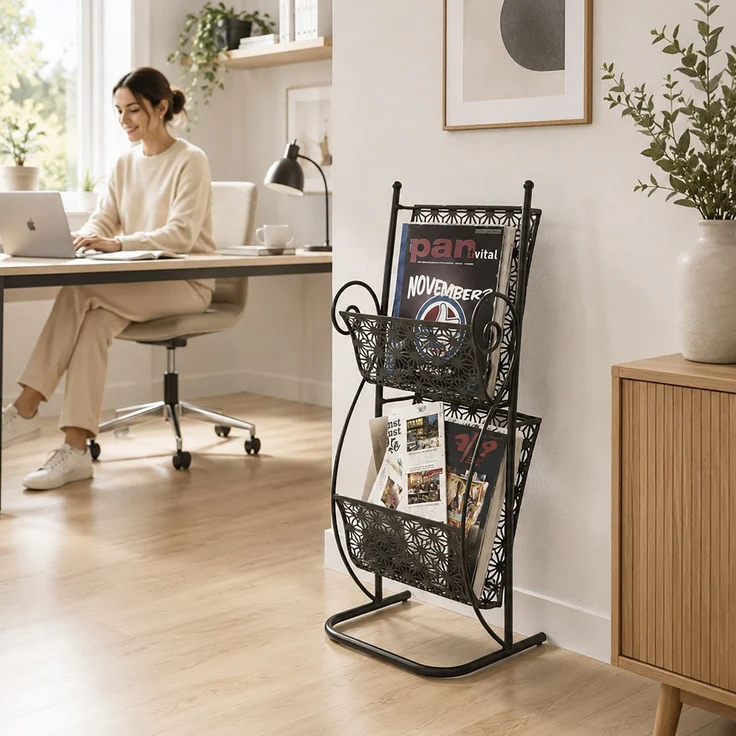 Haku Zeitungsständer aus Metall in schwarz, mit 2 Ablagen, Art-Deco-Stil, freistehend, montiert geliefert, 31x27x80 cm – Bild 4