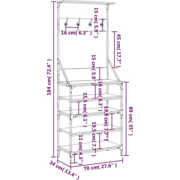 vidaXL Kleiderständer mit Schuhablage Räuchereiche 70x34x184 cm 837874 – Bild 9