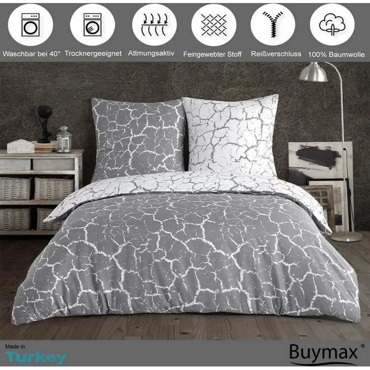 Buymax Bettwäsche, Renforce: 100% Baumwolle, 3 teilig, 200x220 cm, mit Reißverschluss, Muster Marmor, Grau, Weiß