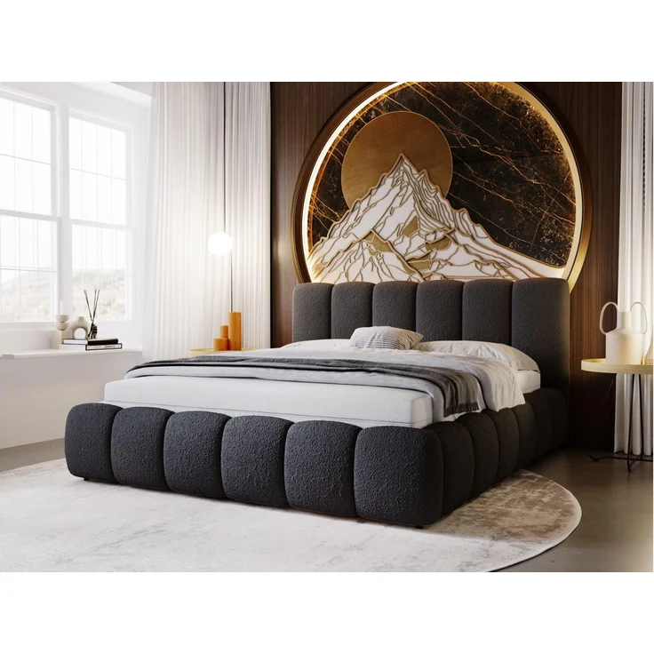 GRAINGOLD Cloud Bett 160x200, Polsterbett mit Bettkasten, Bouclé-Stoff, mit Kopfteil, Schwarz – Bild 1
