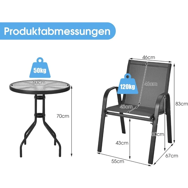 3tlg. Balkonmöbel Set Bistrotisch mit 2 Stapelbare Stühlen Balkonset Gartenset Gartengarnitur – Bild 3