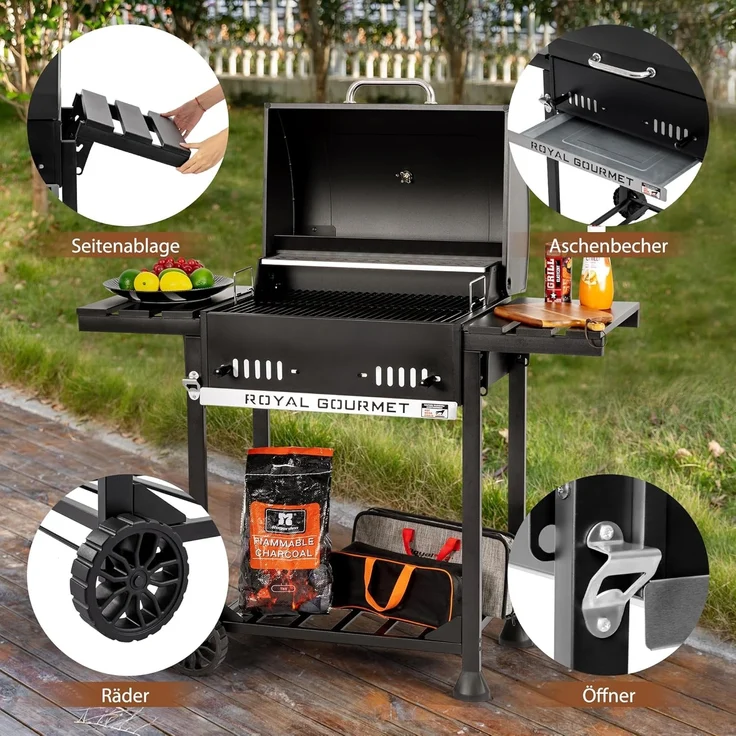 Royal Gourmet Holzkohlegrill Grillwagen mit klappbaren Seitenablagen, Smoker Standgrill mit Decekl, Thermometer, Kohlegrill Schwarz – Bild 6
