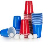 Stagecaptain Beer Pong Becher und Bälle, 90 Becher und 6 Spielbälle, Kunststoff rot / blau, 473 ml