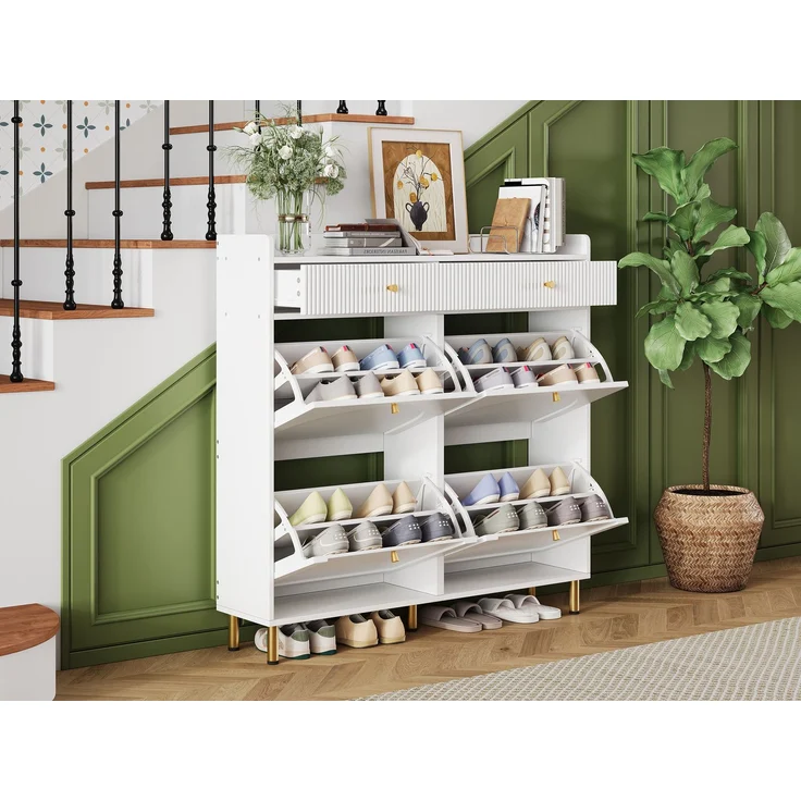 ZUBALIYA Schuhschrank (106,5 x 25 x 105,5 cm), 4 Klappfächer und 2 Schubladen, Verstellbare Einlegeböden, Aus MDF und Spanplatte, Weiß – Bild 5