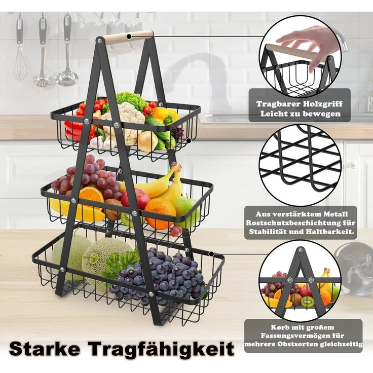 FIVMEN Obstschale Obst Etagere Obstkorb Metall Obst Schüssel Halter ​Brotkorb Ablagekorb, mit Holzgriff Tortenständer Gemüsegestell für Küche, 2 Etagen/3 Etagen – Bild 2