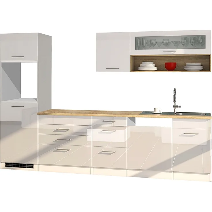 Küche mit Geschirrspüler 300 cm weiß MARANELLO-03 , Weiß Hochglanz, ohne E-Geräte B x H x T ca. 300 x 200 x 60cm