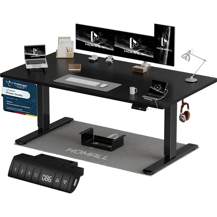 Homall Höhenverstellbarer Schreibtisch 160x80cm mit USB-A Ladeanschluss, Elektrischer Schreibtisch mit Kabel Management Tray, Standing Desk mit 3 Memory Funktion, Computertisch Schwarz