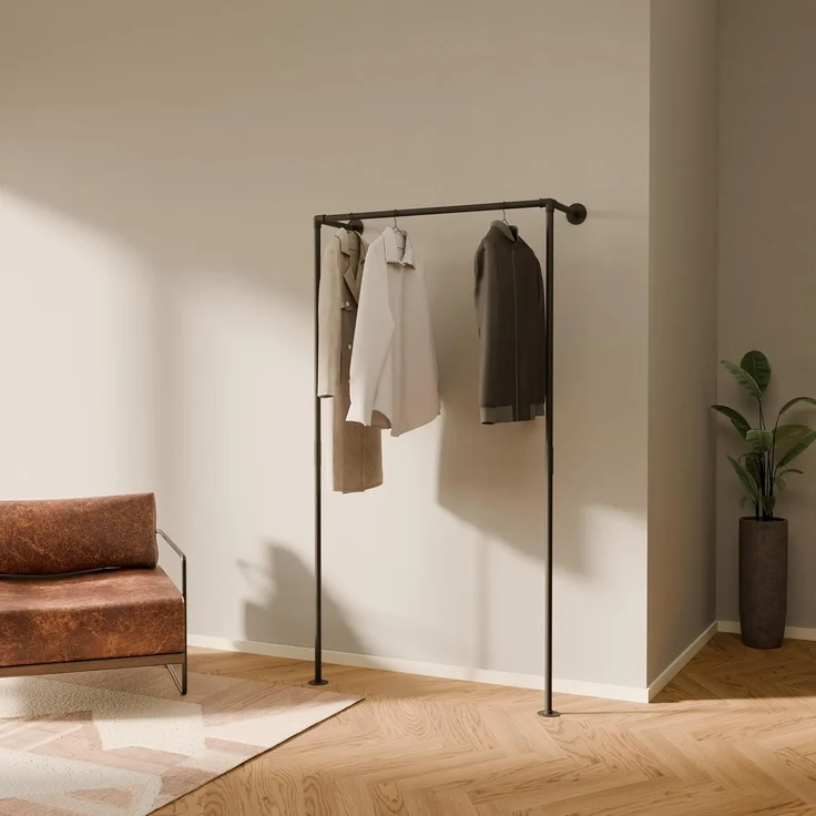 pamo. design Kleiderständer TIM Industrial Kleiderstange zur Wandmontage, Offener Kleiderschrank / Garderobe aus schwarzen Wasserrohren – Bild 1