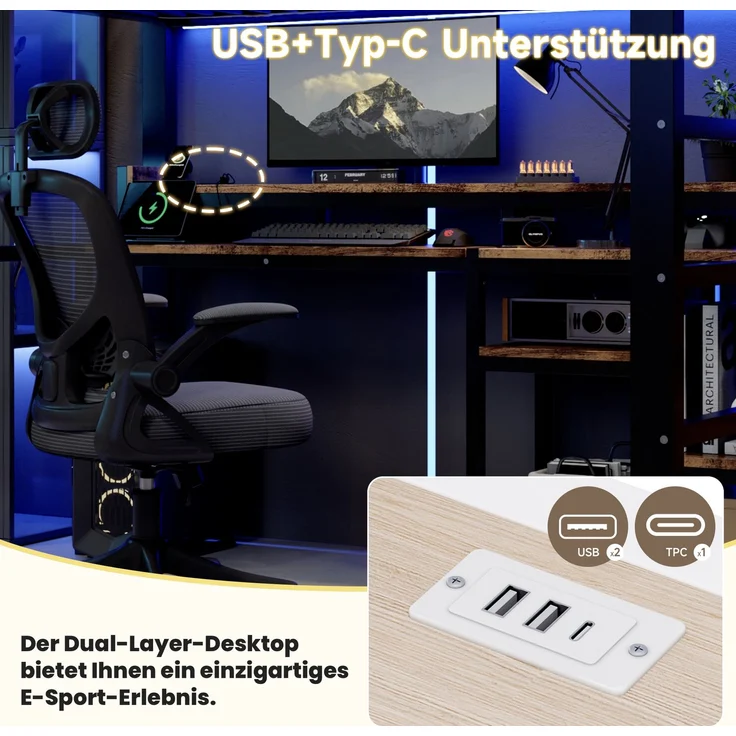 Hochbett, 140 x 200 cm, Metallbettgestell, Leiterschrank, Ablagefach, USB + Typ-C, LED-Lichtleiste, Ohne Matratze, Schwarz – Bild 8