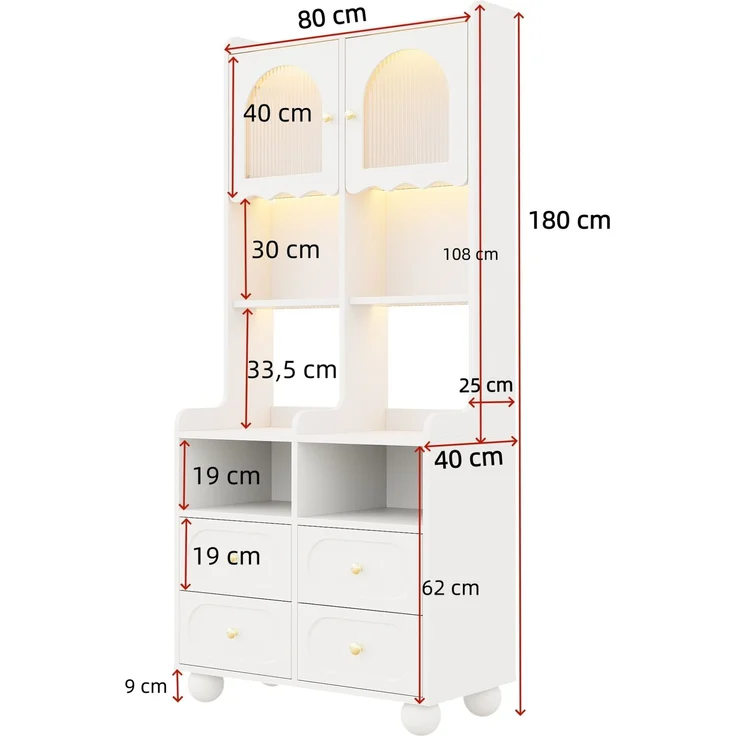 Glasvitrine 80 x 40 x 180 cm mit Rippglastür, LED-Beleuchtung und vier Schubladen – Weiß – Bild 4