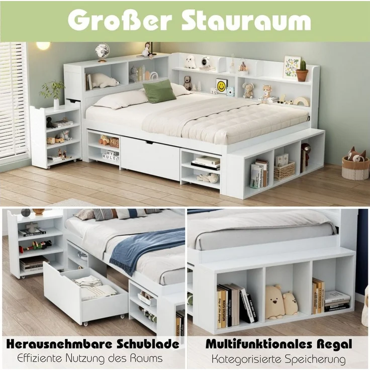 HAUSS SPOLE Holzbett 90x200cm mit Schubladen, Bücherregal, Stauschrank ohne Matratze, weiß (Multifunktionales Kinderbett, mit Lattenrost, ohne Matratze, 90*200cm), mit Schubladen, Bücherregal und Stauschrank – Bild 4