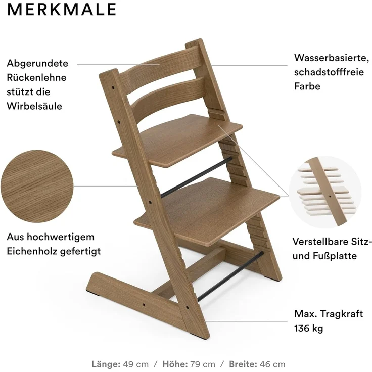 Stokke 'Tripp Trapp' Hochstuhl, Oak Brown, höhenverstellbar, Buche massiv, bis 136 Kg – Bild 2