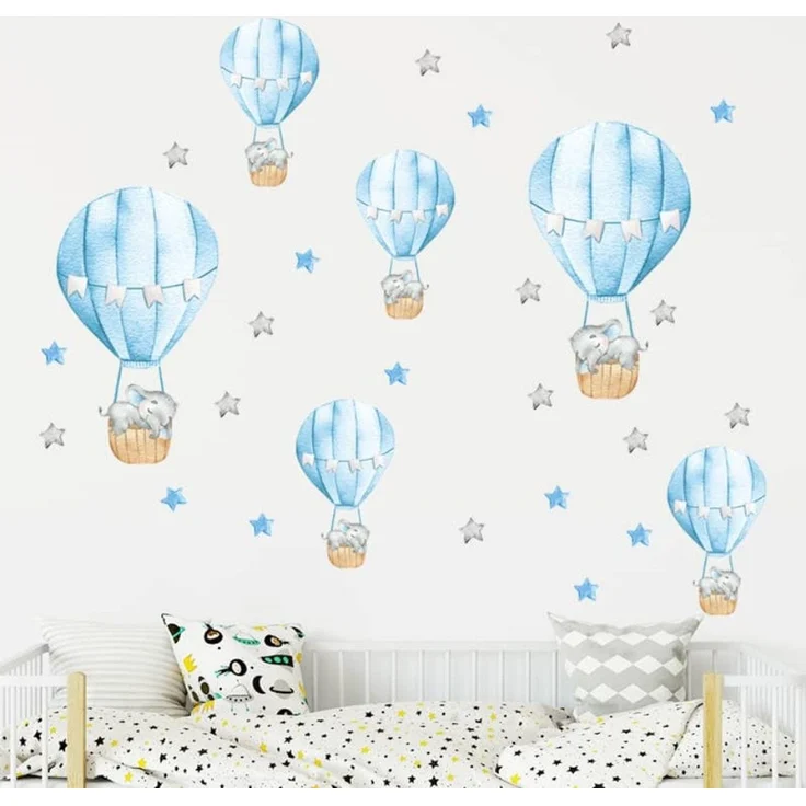 Montegoni Wandsticker Blaue Babyelefant Wandsticker mit Heißluftballon und Sternen, Selbstklebende Wandsticker, leicht entfernbar – Bild 2