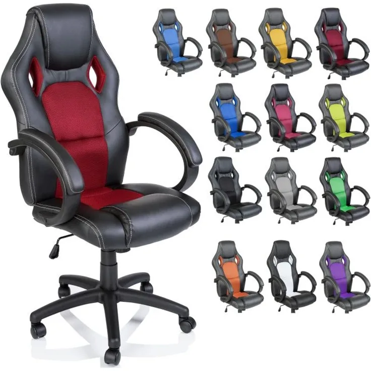 Racing Chefsessel Bürostuhl Drehstuhl 14 Farbvarianten. gepolsterte Armlehnen, Wippmechanik, Lift SGS geprüft (schwarz/weinrot)