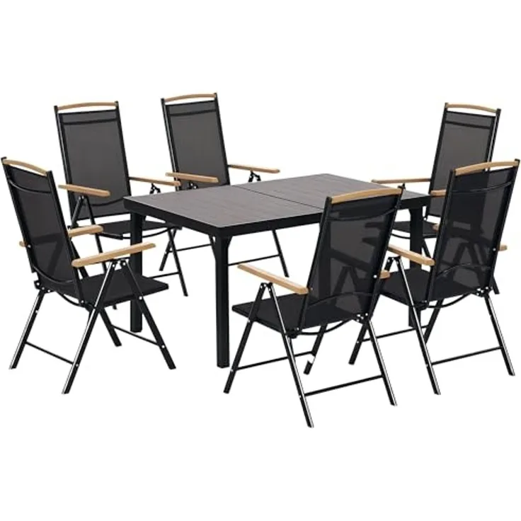 Outsunny Garten-Essgruppe Sitzgruppe klappbar 7tlg. 1 Tisch+6 Stühle Gartenmöbel Set, (Balkonmöbel, 7-tlg, Balkonset), Schwarz 140L x 90B x 74H cm