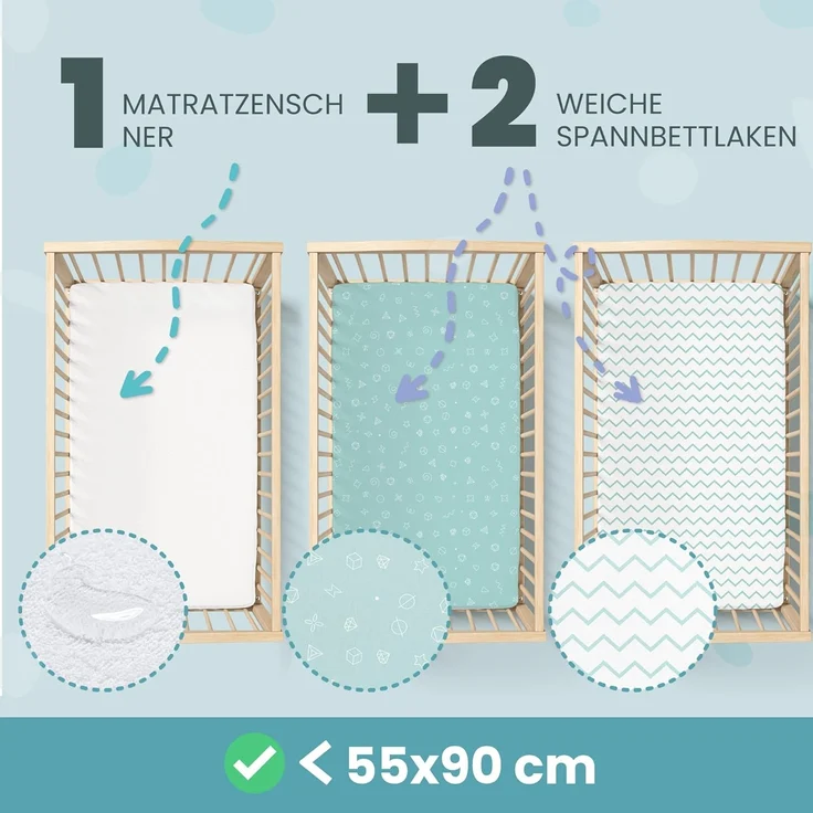 2X Spannbettlaken aus 100% Baumwolle mit Gummiband - 1X Matratzenschoner aus 100% wasserdichtem Material - 3er-Set - 55x90 cm - Blau – Bild 2