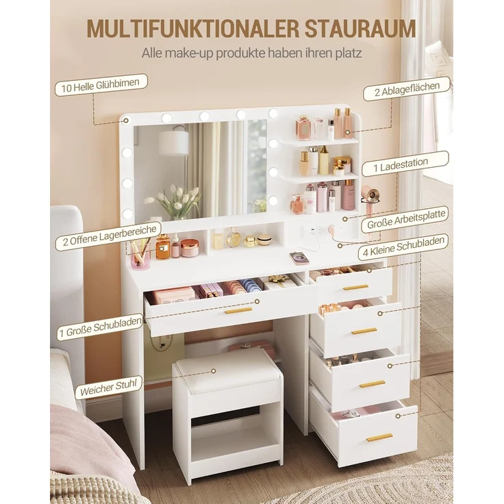 Schminktisch mit 10 LED-Beleuchtung, Hocker, Frisiertisch mit Große Spiegel, Schminktische mit Stecker, Und Haartrocknerhalter, Und Mehreren Schubladen, Weiß, 40 × 108 × 139cm – Bild 3