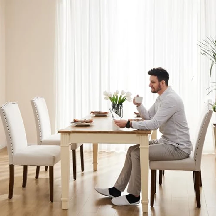 Sweetcripy Esszimmerstuhl (2er Set), Hochwertige gepolsterte Leder-Esszimmerstühle mit Nagelkopfverzierung und Holzbeinen, Esszimmerstühle für Schlafzimmer, Wohnzimmer, Esszimmer, Beige White – Bild 5