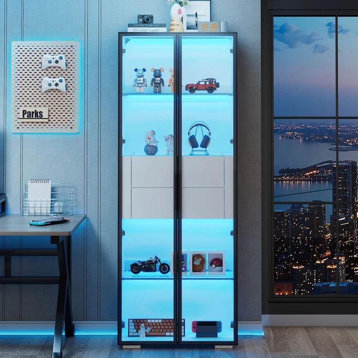 60*40*160cm Schrank,Vitrine Schranktür aus gehärtetem Glas,Vitrine Lagerschrank mit LED,2Glasboden,2Schubladen,Highboard,Wohnzimmerschrank,Aufbewahrungsschrank,Hochschrank,Sofaschrank,Weiß--Weiß + Schwarz--60x40x160cm--YOUDENOVA – Bild 4