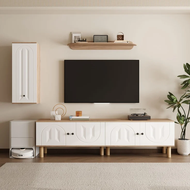 Wohnwand, 3-tlg, best, aus: Highboard, Schränke, Wandboard, Weiße und hölzerne, geschnitzte Türpaneele.--Weiß+Natur--110.01x45.09x17.68cm--YOUDENOVA – Bild 4