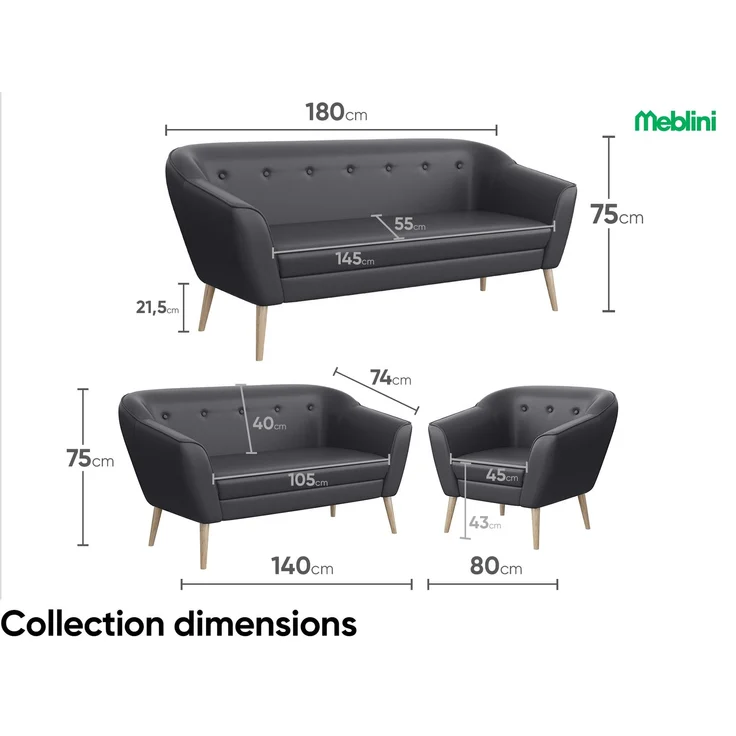 MEBLINI Sofa-Set DORIS 3+2+1 - Grau Kunstleder - für Wohnzimmer - Mini Lounge für sechs Personen - Küchensofa - Sofa Klein - Sitzgarnitur - Polstergarnitur - Sofagarnituren – Bild 7