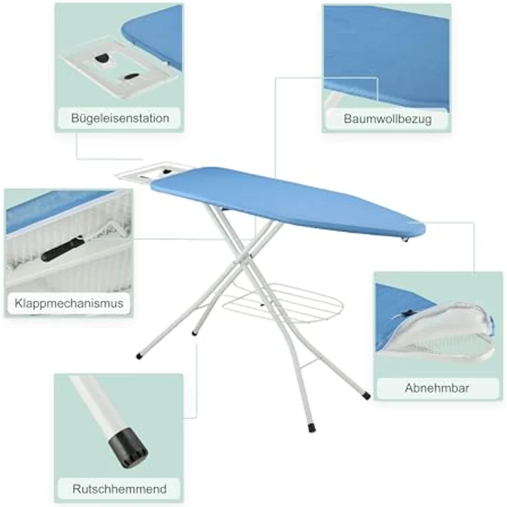Relaxdays Bügelbrett für Dampfbügeleisen, höhenverstellbar und klappbar, 120 x 38 cm, Kleiderablage, blau – Bild 5