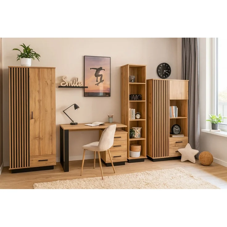 Deine Möbel 24 Schreibtisch LAMI 8 Kinderschreibtisch 135 cm mit 3 Schubladen & 2 Fächern (Stil: Loft / Industrial / Scandi, 1-St, LAMI - Kollektion), Bürotisch in Wotan Eiche & Schwarz Matt mit Metallgestell – Bild 2