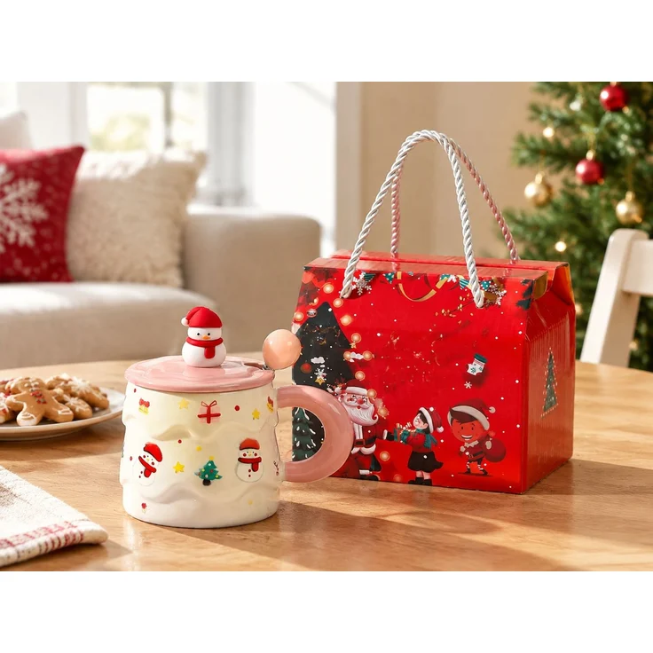 Keramik-Kaffeetasse mit Deckel und Löffel Weihnachtsbecher in Geschenkbox Rosa 16 x 12 x 14 cm – Bild 2