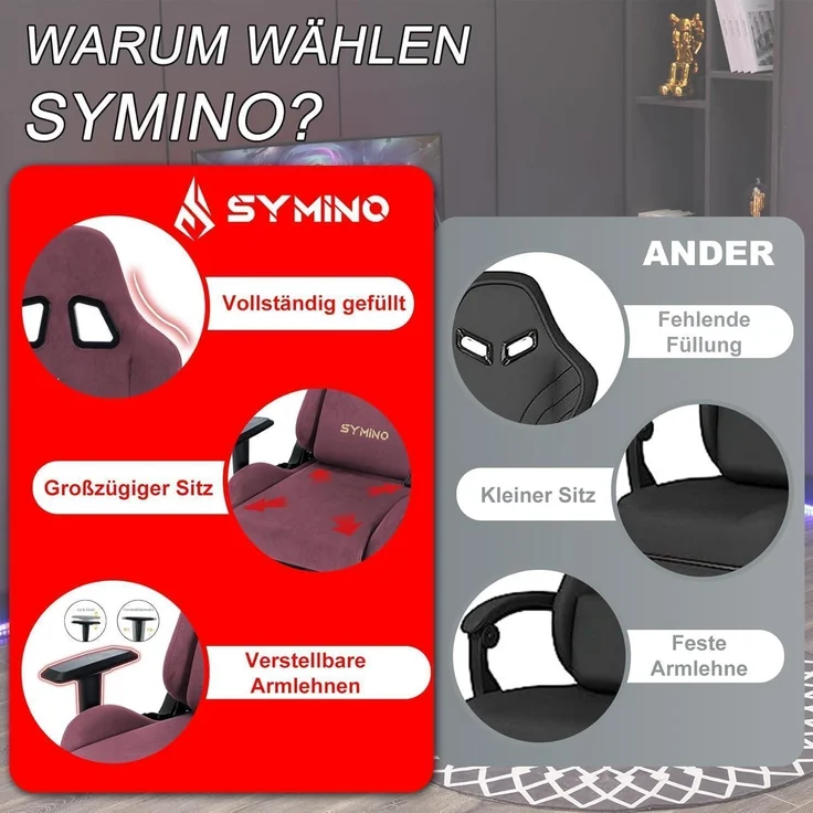 Gaming Stuhl Hochwertiger Stoff Atmungsaktiv Verstellbar Fußstütze Schwarz Rot – Bild 6