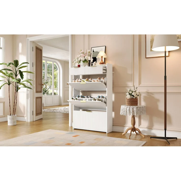 ZUBALIYA Schuhschrank (80 x 25 x 135 cm), 3 Klappfächer und 2 Schubladen, Aus Spanplatte, Stauraum für Flur und Eingangsbereich, Weiß – Bild 22