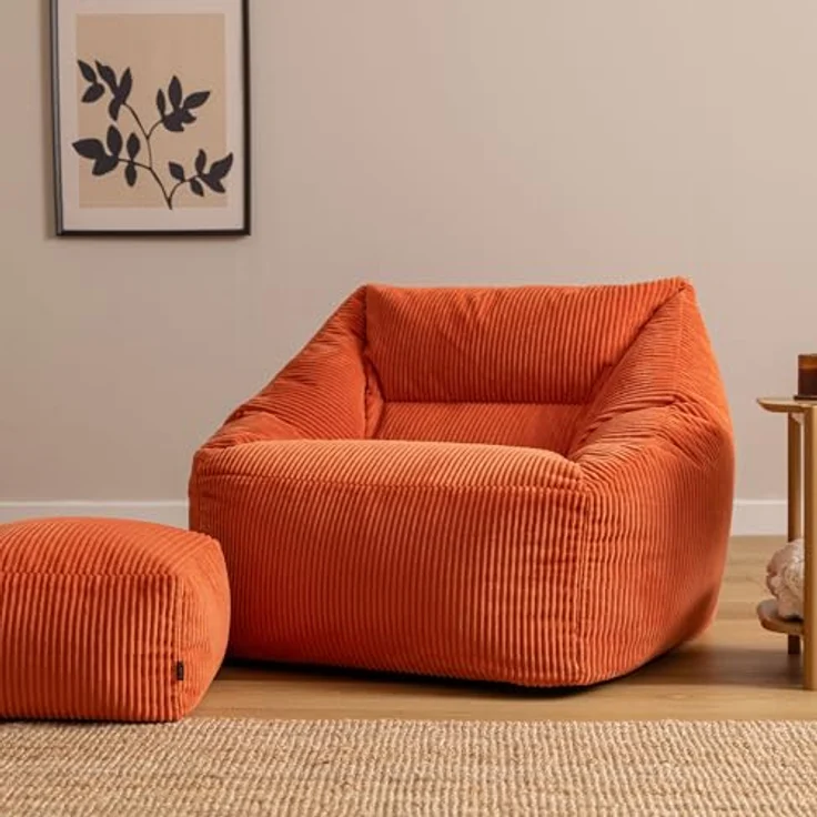 Icon Natalia Sitzsack Sessel mit Hocker für Erwachsene, Orange, Flauschiger Cord Stoff, Riesen Sitzsack Cord mit Füllung, Bean Bag Chair, Bequemer Sessel Wohnzimmer, Lounge, Schlafzimmer, Büro – Bild 5