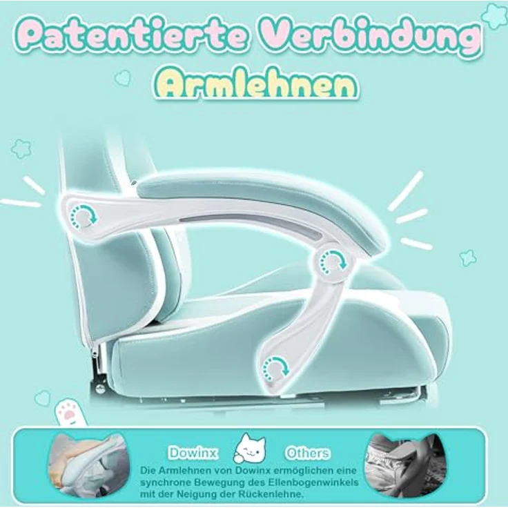 Dowinx Gaming Stuhl - Süße Katze Edition - Ergonomischer Computerstuhl mit Hoher Rückenlehne und Lendenwirbelstütze, PU-Leder, Fußstütze, Blau – Bild 7