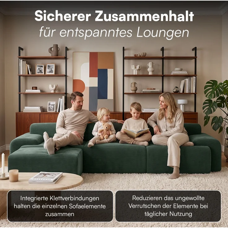 skølm 'Menja' Sofa 3-tlg mit Hocker, 3er Sitz mit 3 Kissen, Cord dunkelgrün, Vollschaumcouch mit Federkern und Vakuum-Kompression, kein Aufbau erforderlich – Bild 4