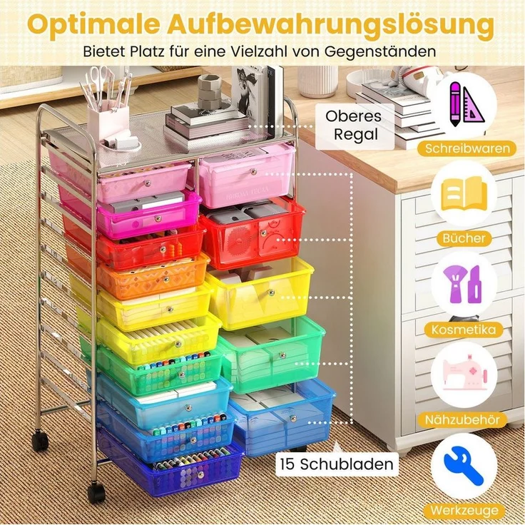COSTWAY Rollwagen, Rollcontainer mit 15 stapelbaren Schubladen Metallgestell – Bild 1