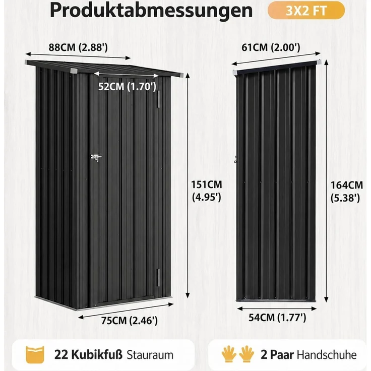 Aoxun Metall-Gerätehaus 88x61x164cm mit 2 verstellbaren Regalböden, Kleiner abschließbarer Werkzeugschrank für Garten, Terrasse & Hof, Schwarz – Bild 2