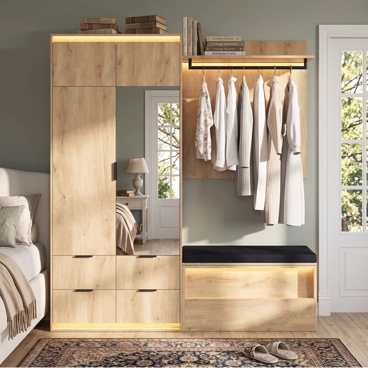 Garderoben-Set aus MDF mit LED-Beleuchtung, Spiegel und Sitzbank, 180x47x200 cm, Eiche/Anthrazit – Bild 3