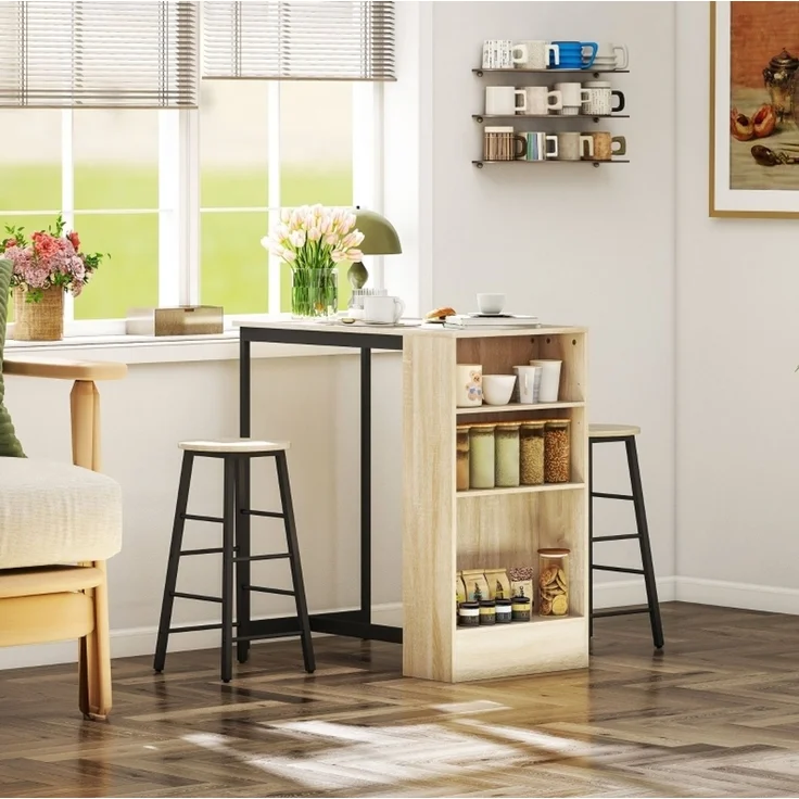 Esstisch-Set 91x49x91 cm in Schwarz mit Stauraum und 2 Hockern, industrielle Holzoptik – Bild 4