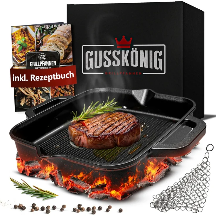 Grill-Feuerpfanne 26 cm Gusseisen – mit 2 Henkeln, Grillrost-Struktur, Ringreiniger & Rezeptheft, induktionsgeeignet & eingebrannt – Bild 8