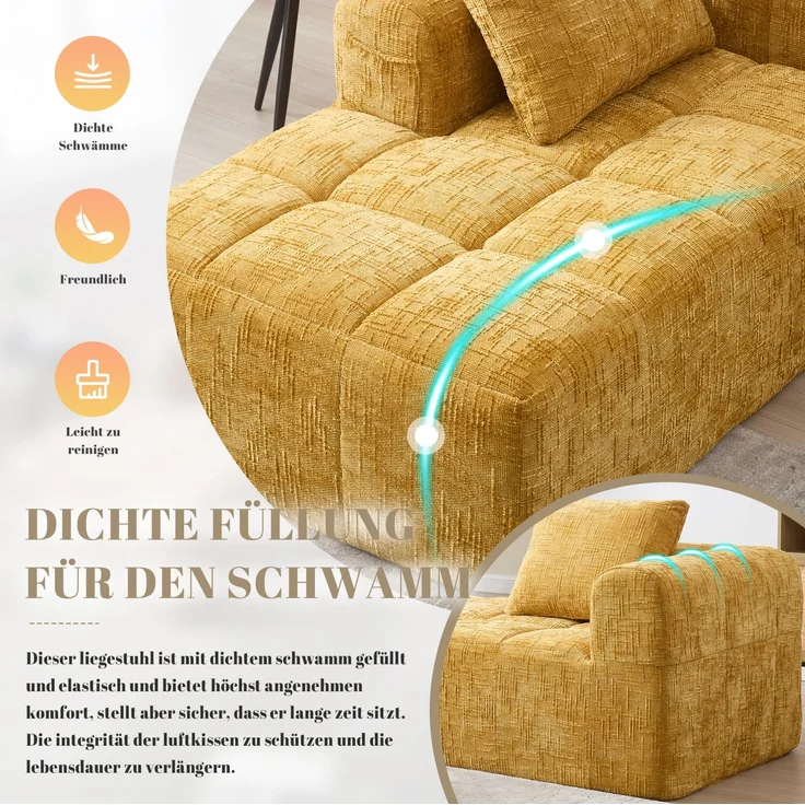 Chaiselongue-Sofa 158 x 90 x 60 cm in Gelb mit Seitentaschen und Kissen – Bild 6