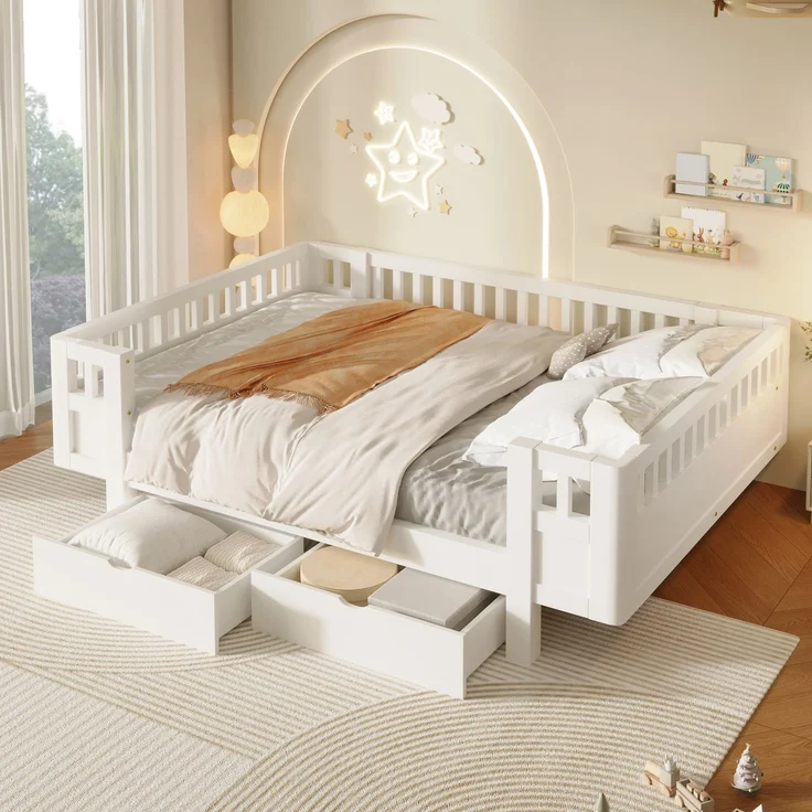 Merax Hochbett 140x200 Kinderbett, mit hohem Schutzgitter & zwei großen Schubladen, Weiß – Bild 2
