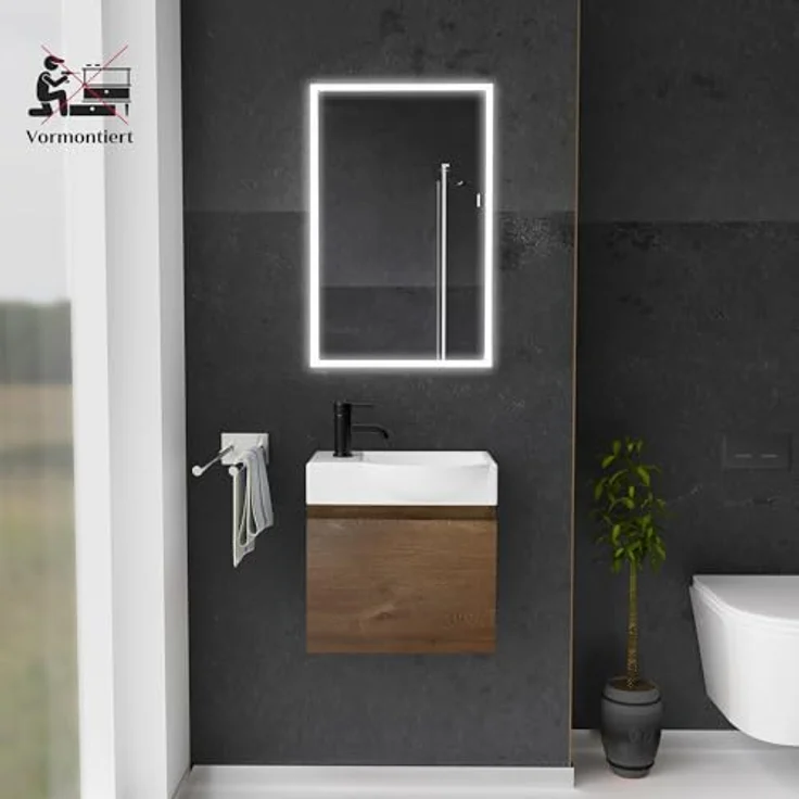 Alpenberger Badmöbel-Set - Gäste WC Waschbecken mit Unterschrank 45 cm Breit, (Badschrank 2-tlg, Waschtisch hängend), Waschbeckenunterschrank mit Softclose - Farbe Eiche - Rechts Becken – Bild 3