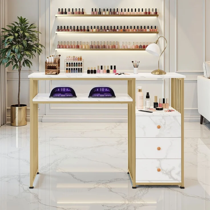 BarberPub Manikürtisch mit 3 Schubladen & 2 Ablagen, Nageltisch aus Holz Metallgestell, Nagelstudio Tisch für Beautysalon, Marmor-Weiß Gold, 45,5x109x81cm, 2407 – Bild 3