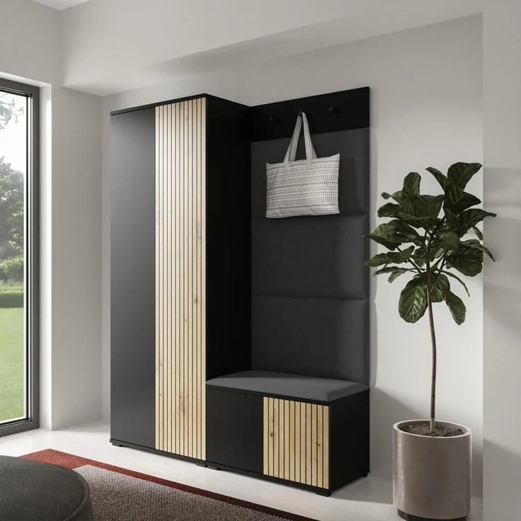 Garderoben-Set Rosario Version 1 mit Lamellen, Kleiderschrank mit Polsterplatten und Schuhschrank (Schwarz / Eiche Artisan, Trinity 15), 185 x 40 x 140 cm – Bild 7