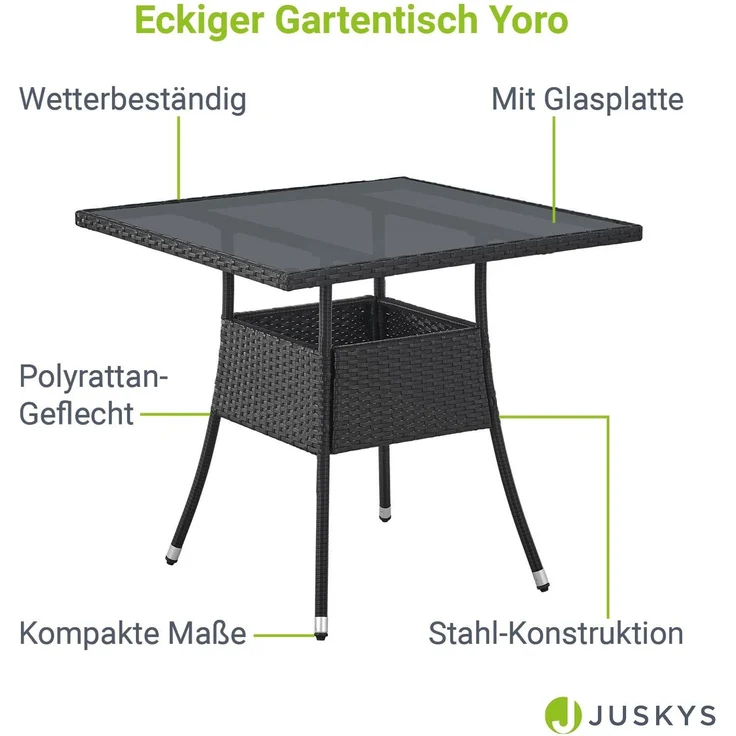 Juskys Polyrattan Gartentisch Yoro wetterfest - Balkontisch 80x80 cm eckig - Rattan Beistelltisch mit Glasplatte - kleiner Tisch für Balkon - Schwarz – Bild 2