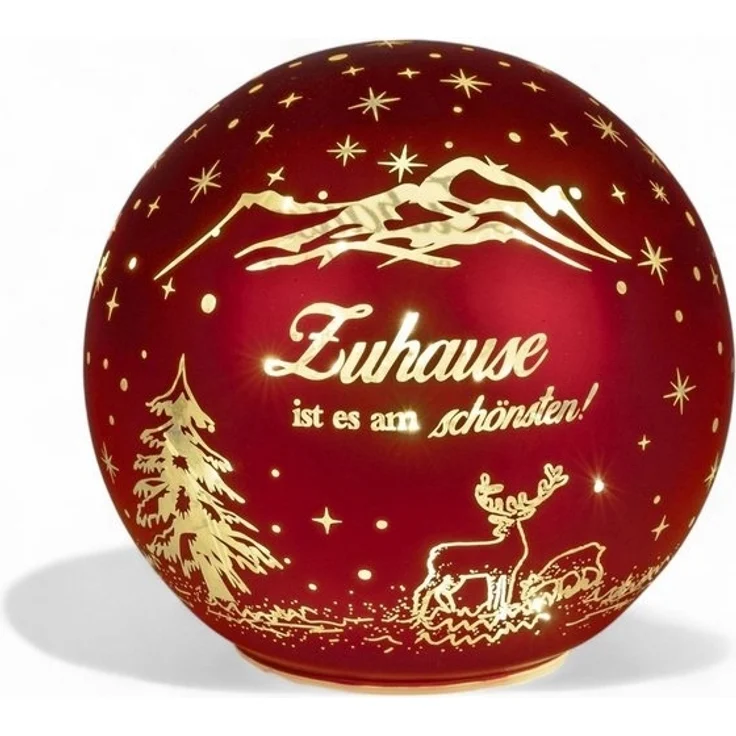 formano LED Deko-Kugel 12cm Rot mit Spruch Zuhause ist es am Schönsten Glaskugel aus mattem Farbglas und goldener Innenfarbe - Herbst Winter Weihnachtsdeko für Tisch Regal Fensterbank – Bild 4