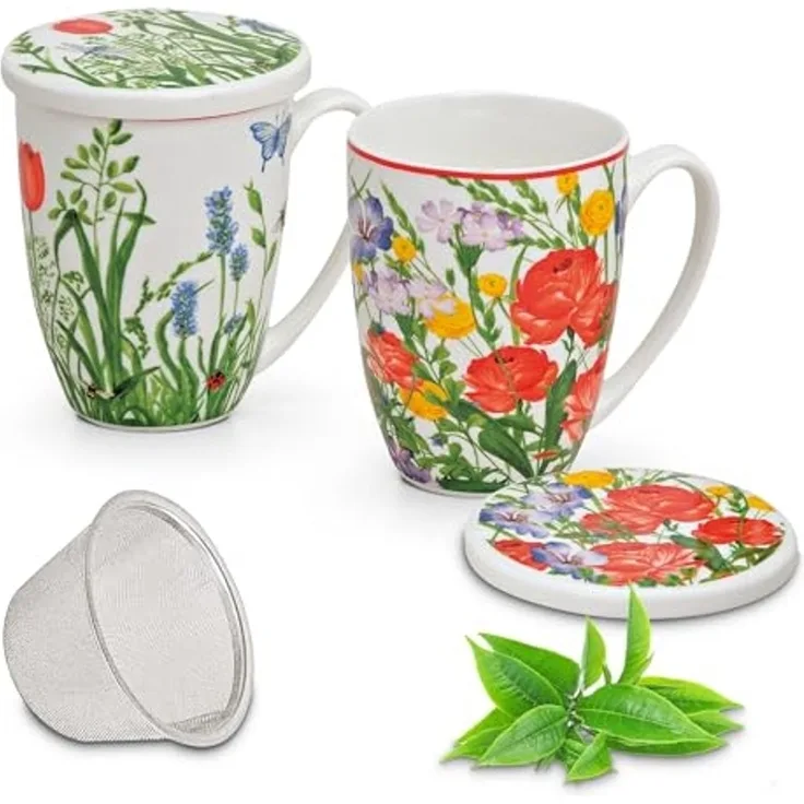 matches21 HOME & HOBBY Tasse Teetassen 2er Set mit Deckel und Teesieb Blumen Mohn, Porzellan, Tee Kaffee-Becher Kaffeetassen, klassisch, bunt, 300 ml
