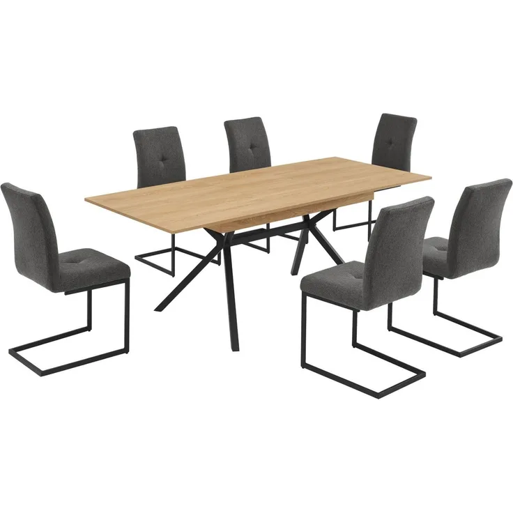 OTTO home Essgruppe Vendy, Esstisch ausziehbar plus 6 Freischwinger, (Set, 7-tlg, Esstisch ausziehbar 160 - 210 cm plus 6 Esszimmerstühle), pflegeleichte Strukturstoff-Stühle, 3D-Steppung, ausziehbarer Tisch
