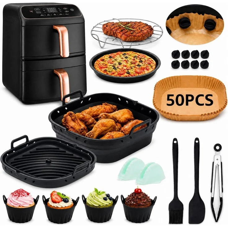 Insma Backform Airfryer Zubehör,Heißluftfritteuse Zubehör Set,Silikonformen,BPA-frei, (21-tlg), Silikonkorb faltbar, Backpapier, Grillrost, Pizzablech & Küchenzubehör – Bild 1